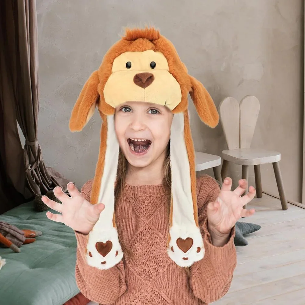 Kids Monkey Animal Hat with Ears Moving Jumping Pop Up Beating Plush Holiday
